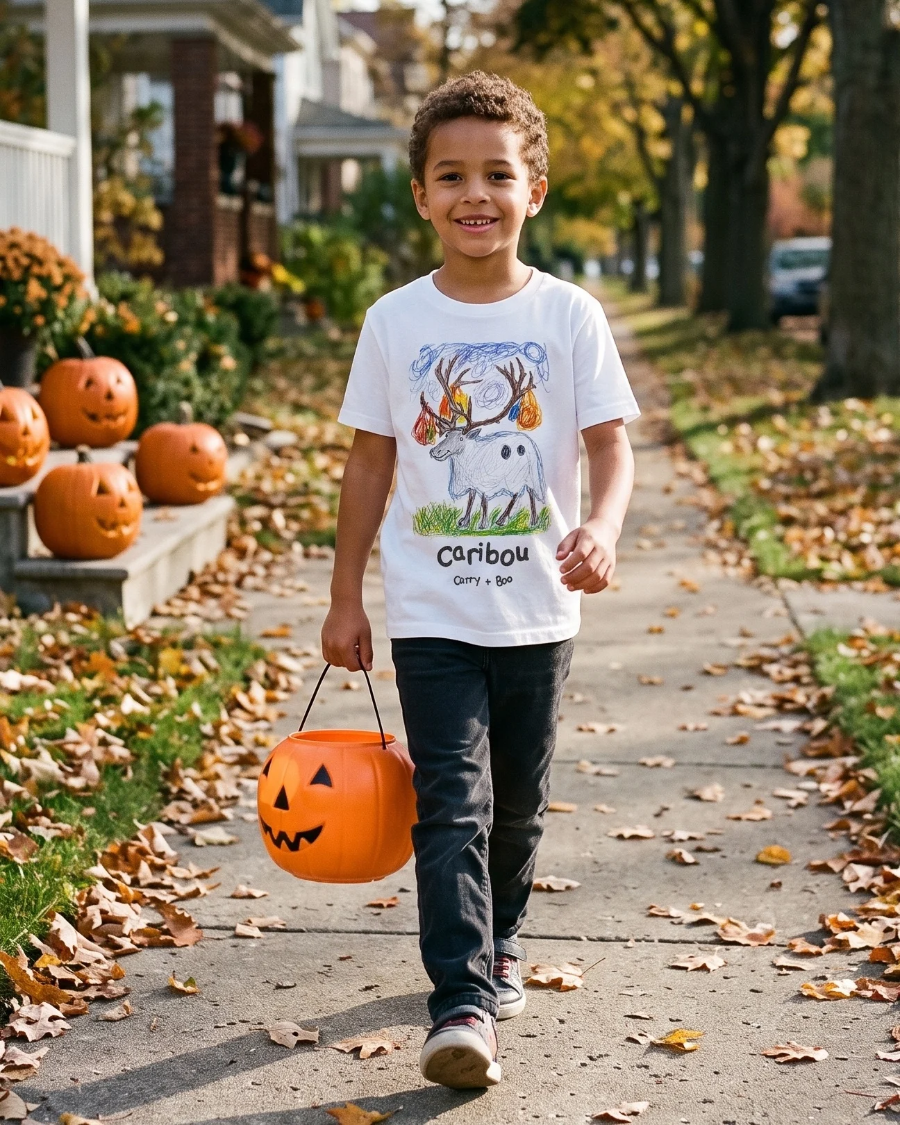 Boy wearing the white literally Caribou crayon drawing kids' t-shirt