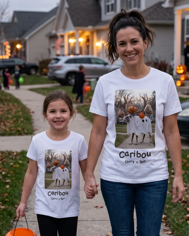 Mom and daughter wearing matching literally Caribou photo t-shirts