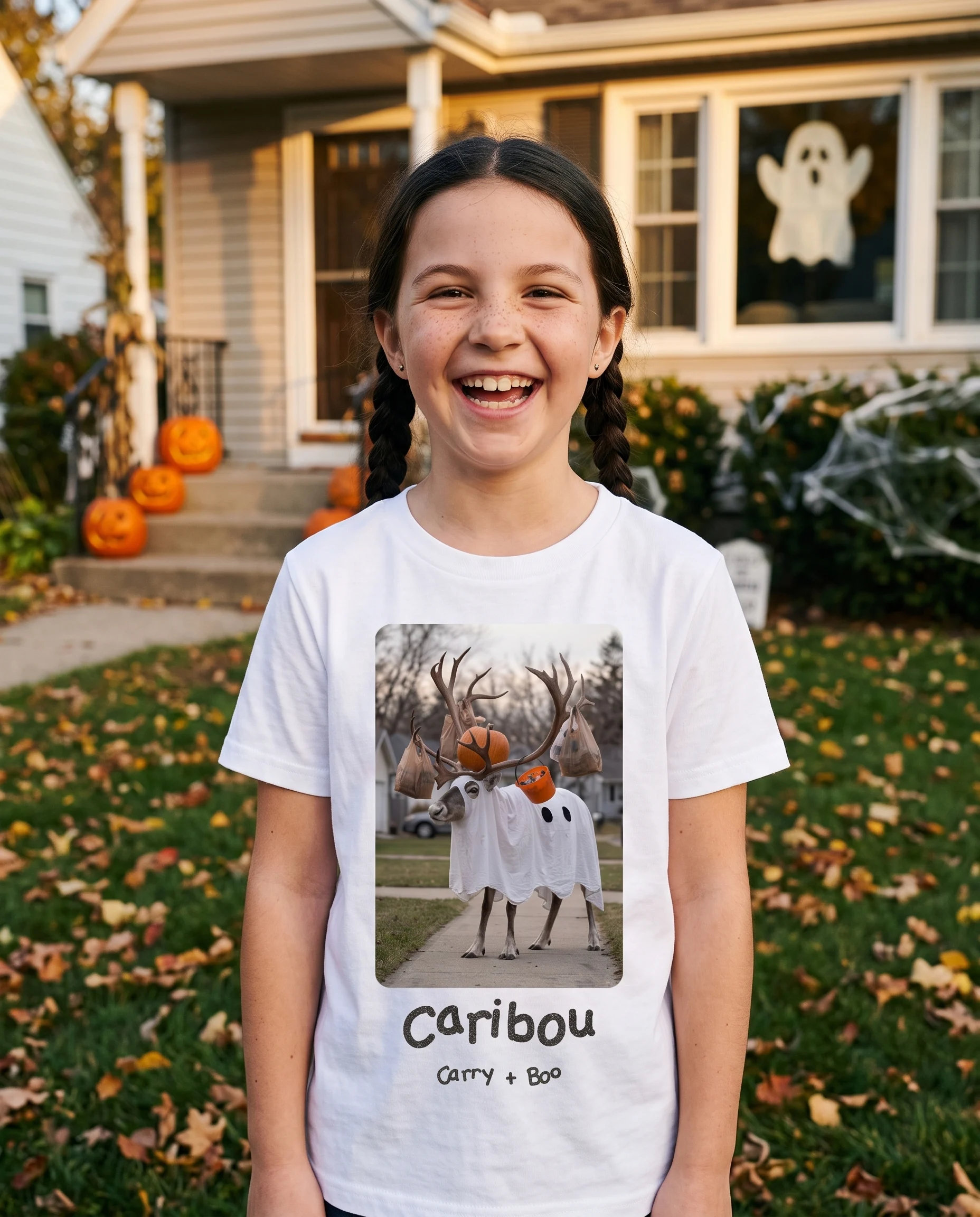 Girl wearing the white literally Caribou photo kids' t-shirt