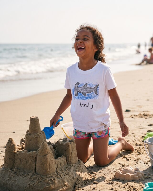 A girl kneeling by a sandcastle on the beach in the literally hammerhead shark t-shirt