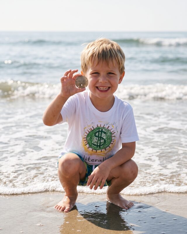 A boy at the water's edge holding up a shell in the literally sand dollar t-shirt