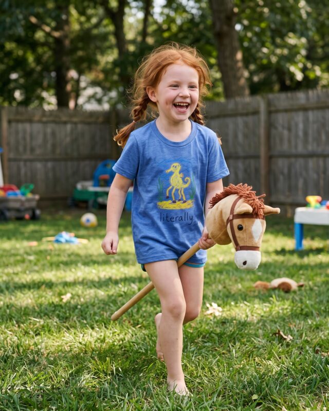 A girl galloping on a hobby horse in the literally seahorse t-shirt