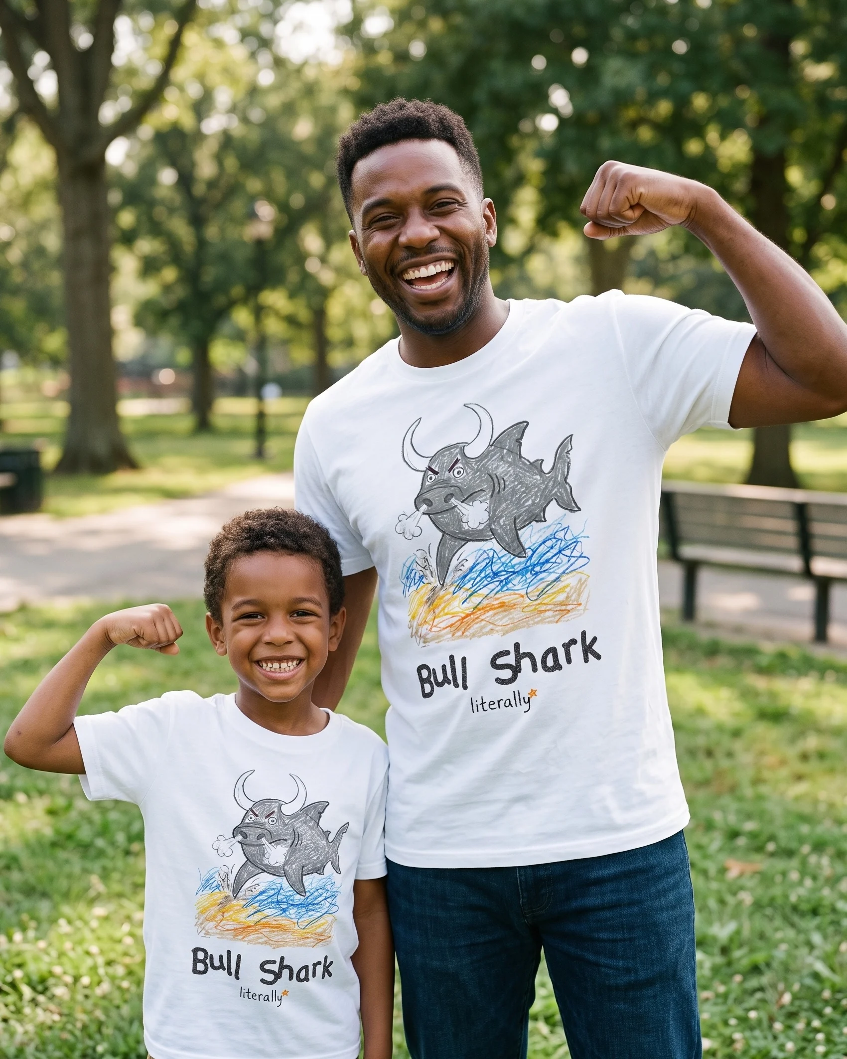 Dad and son flexing in a park wearing matching literally Bull Shark sketch t-shirts