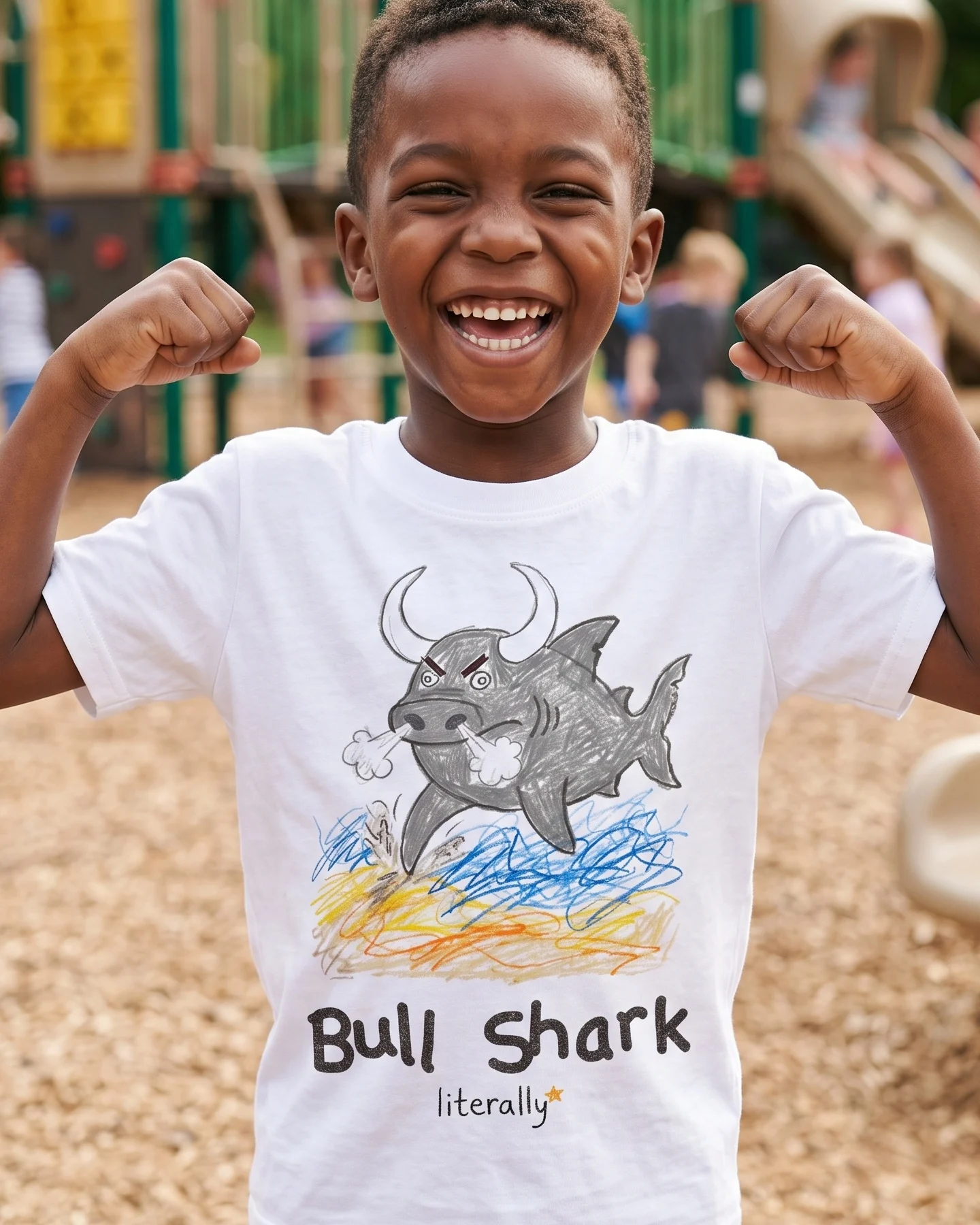 Boy flexing at a playground wearing the white literally Bull Shark sketch t-shirt