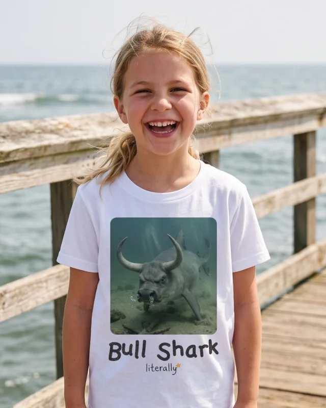 Girl on a fishing pier wearing the white literally Bull Shark photo t-shirt