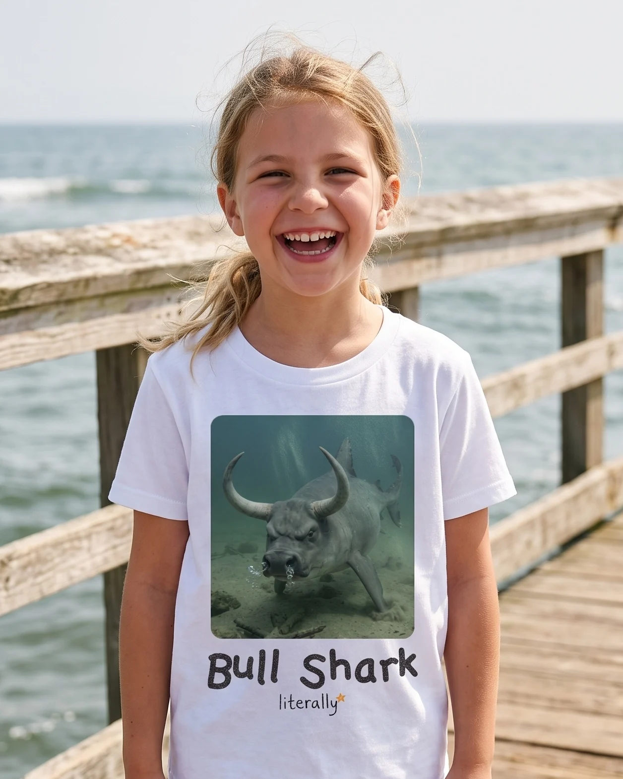 Girl on a fishing pier wearing the white literally Bull Shark photo t-shirt