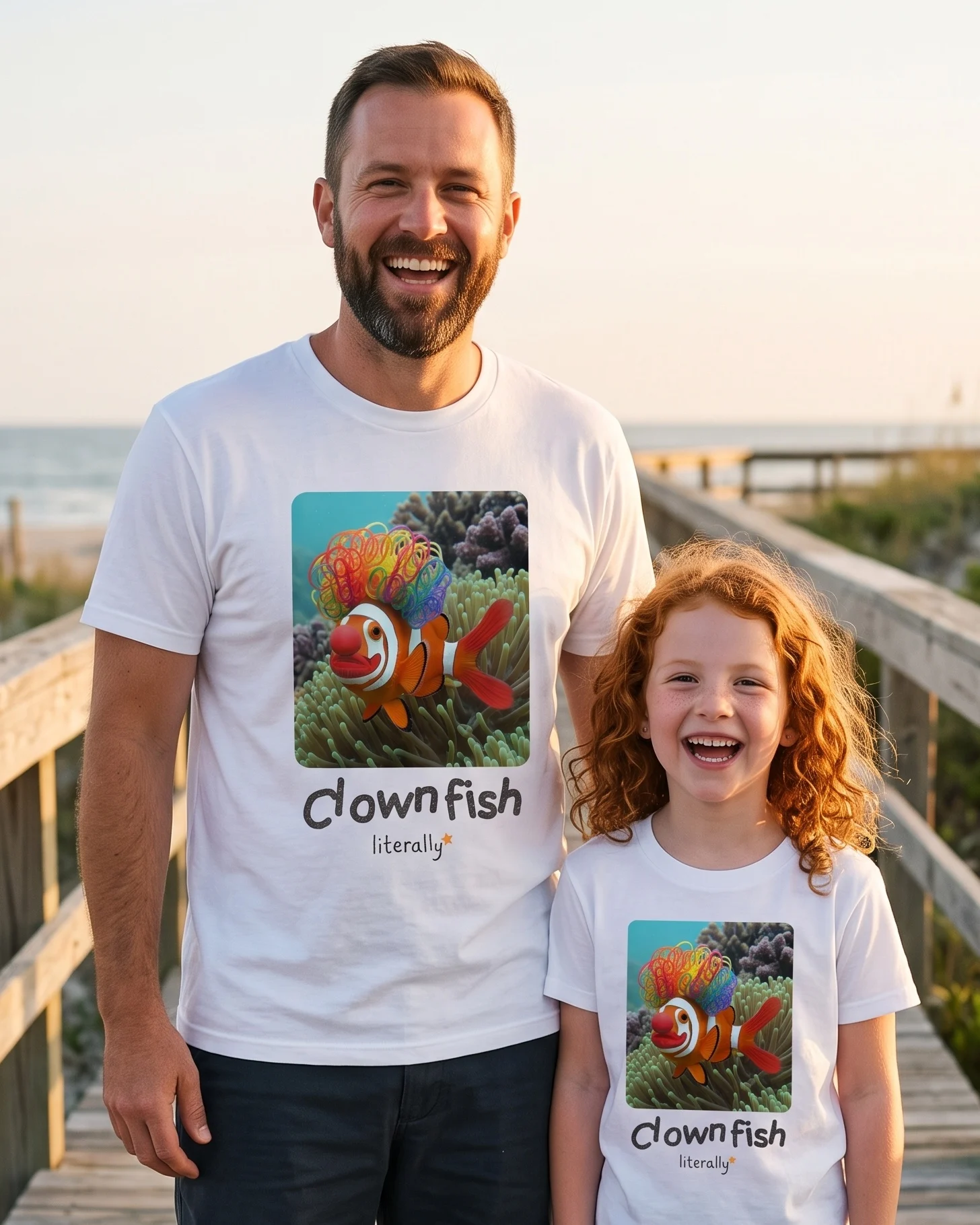 Dad and daughter on a boardwalk wearing matching literally Clownfish photo t-shirts