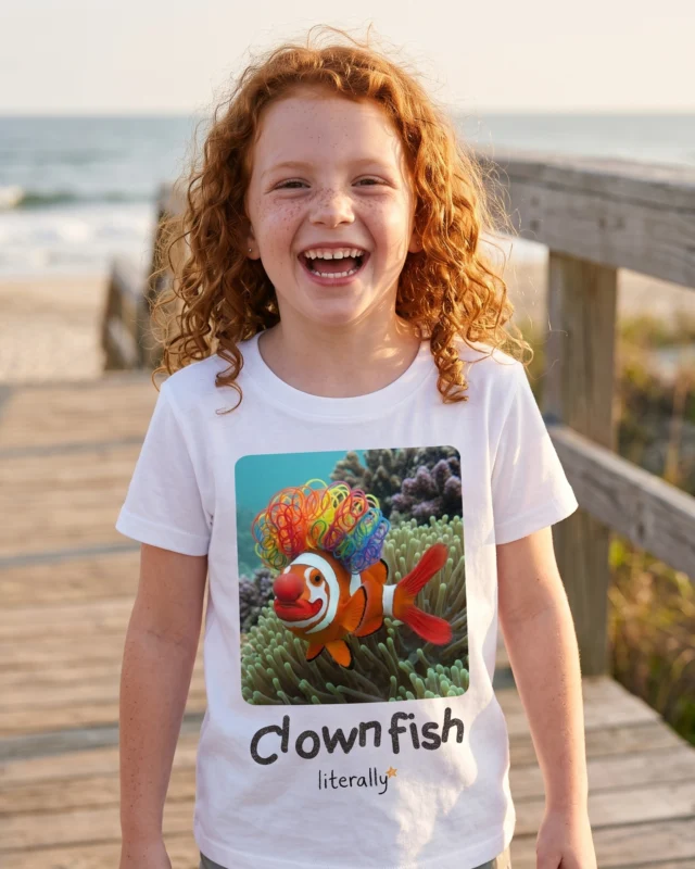 Girl on a beach boardwalk wearing the white literally Clownfish photo t-shirt