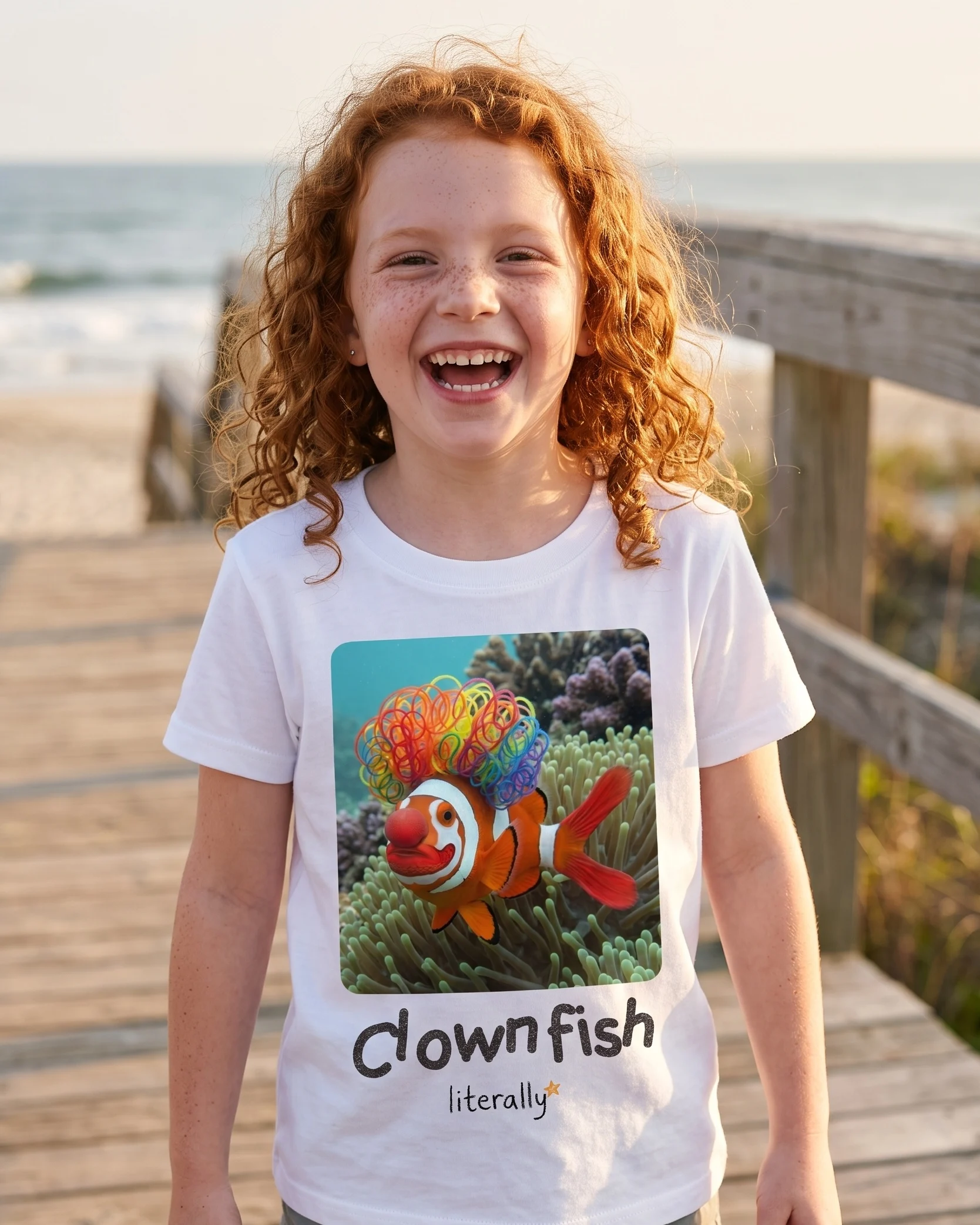 Girl on a beach boardwalk wearing the white literally Clownfish photo t-shirt