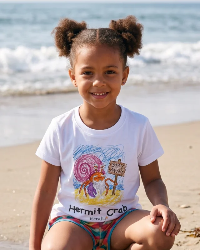 Girl crouching on the beach wearing the white literally Hermit Crab sketch t-shirt