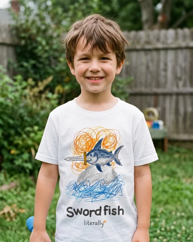 Boy in a backyard wearing the white literally Swordfish sketch t-shirt