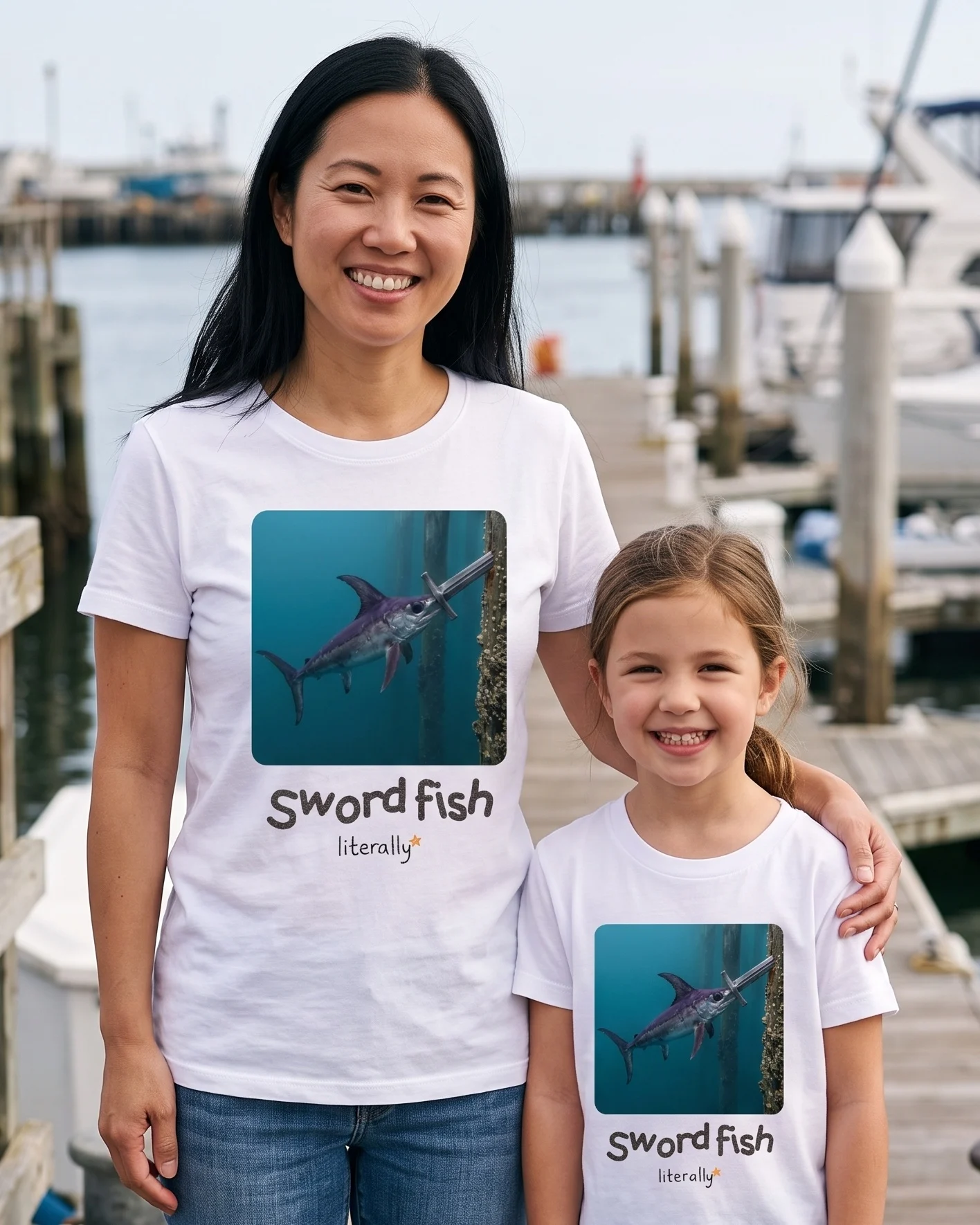 Mom and daughter on a harbor dock wearing matching literally Swordfish photo t-shirts
