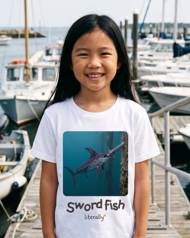 Girl on a harbor dock wearing the white literally Swordfish photo t-shirt
