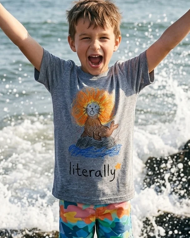 Boy by the sea wearing the grey literally sea lion kids' t-shirt