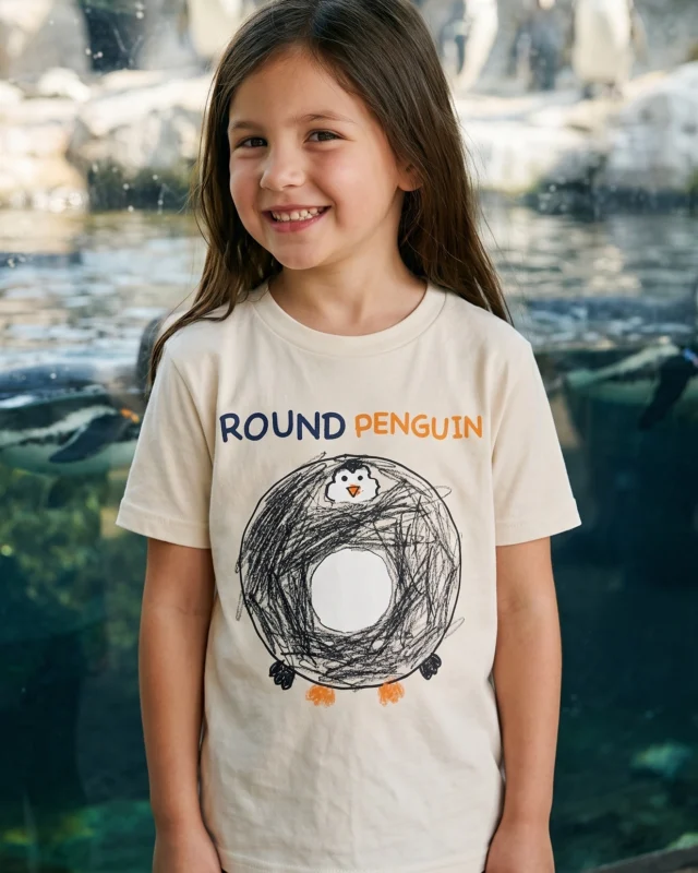 Girl at an aquarium wearing the cream literally Round penguin kids' t-shirt